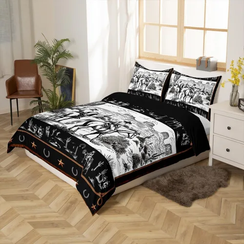 Vista 2 de Manfei Juego de funda de edredón occidental, tamaño individual, juego de ropa de cama de caballo de vaquero de 2 piezas, funda de edredón de cactus