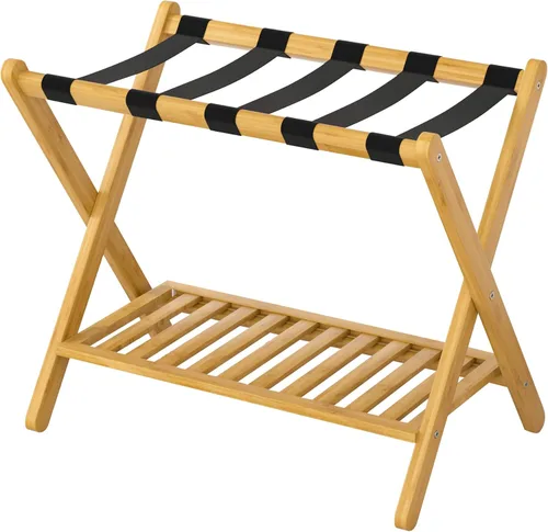 Vista 12 de Portaequipajes plegable con estante de almacenamiento para habitación de invitados Hotel Essentials de bambú sólido resistente soporte