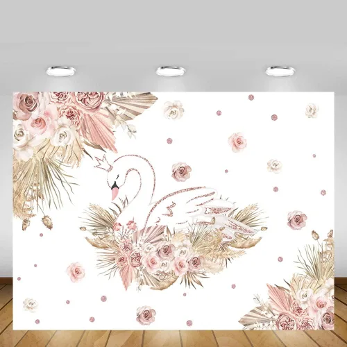 Vista 5 de MEHOFOND Telón de fondo bohemio de cisne, hierba de las pampas, color oro rosa, para baby shower, fiesta, fotografía, fondo de fotografía de flores