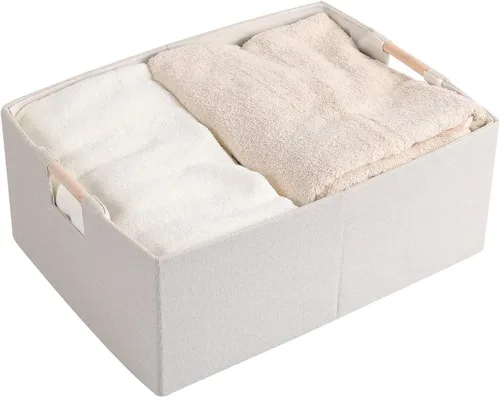 Vista 2 de Caja de Almacenamiento de Tela Plegable Cesta de Algodón y Lino con Asas de Madera, Cubo Rectangular Decorativo, Organizador de Lavandería