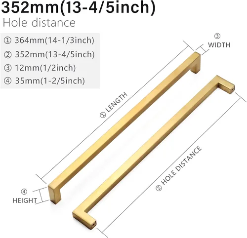 Vista 2 de Tiradores para gabinete dorados, manijas cuadradas para cajones, paquete de 2, manijas de acero inoxidable para cocina de 13-4/5 pulgadas, herrajes