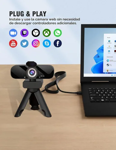 Vista 6 de Tewiky Cámara web Full HD con micrófono integrado y trípode giratorio, video 2K y cámara gran angular, cubierta de privacidad, para PC de escritorio
