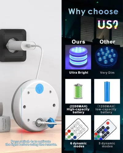 Vista 3 de Luces de piscina, luces LED sumergibles recargables actualizadas con control remoto, 16 colores IP68, luz subacuática impermeable para piscina