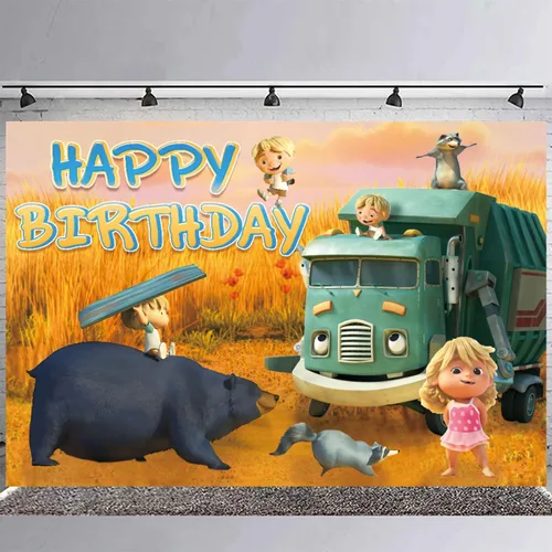 Vista 3 de Fondo de fiesta de cumpleaños de camión de basura, decoración y pancarta, accesorios de fondo de fotos para niños y niñas, 5 x 3 pies