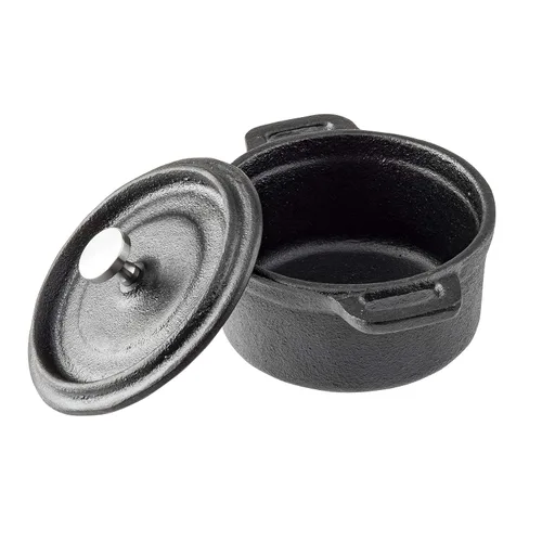 Vista 4 de TableCraft 10747 Cocotte, 8 onzas., con tapa & asas, de acero inoxidable perilla, hierro fundido, negro