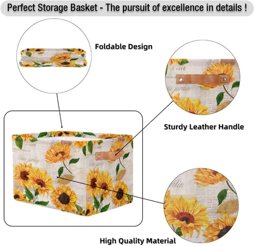 Vista 7 de Cesta de almacenamiento de flores y girasoles, organizador plegable grande para estantes, cubos de lona resistentes con asas para juguetes, armario