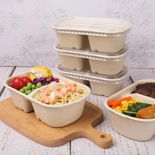 Vista 5 de 23 oz 2 compartimentos cuencos desechables con tapas Fibra vegetal Paquete de 50