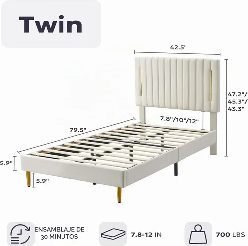 Vista 2 de Furnify Armazón de Cama de Plataforma Twin, Armazón de Cama Tapizado en Terciopelo con Cabecera Ajustable de Canal Vertical, Ribete de Enchapado