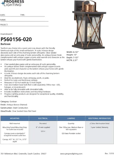 Vista 16 de Progress Lighting Barlowe Collection - Farol de pared pequeña de cristal transparente con semillas para exteriores, 13 x 6.5 x 6.5 pulgadas, bronce