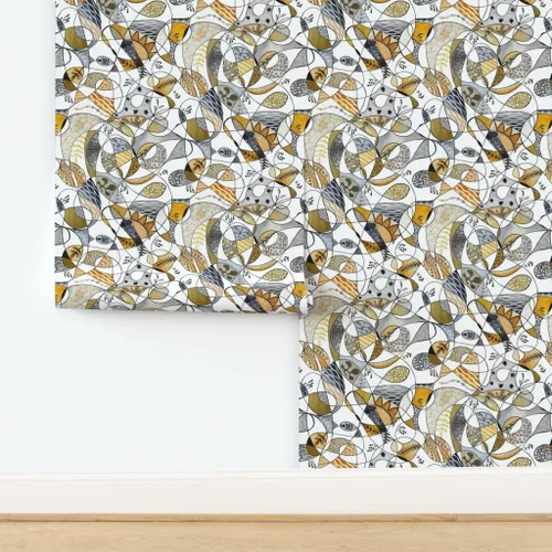 Vista 4 de Muestra de papel tapiz extraíble - Línea Gris Amarillo Grande Negro Blanco Hojas Círculos Puntos Papel pintado personalizado pre-pegado por