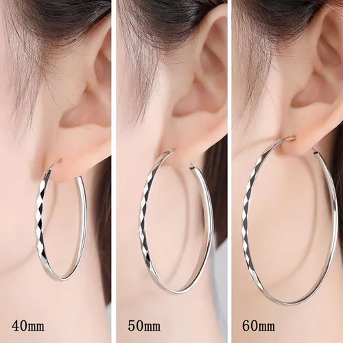 Vista 5 de Aretes de aro de plata de ley para mujer, 3 pares de arracadas grandes de plata chapada en oro blanco de 14 quilates, hipoalergénicos, ligeros