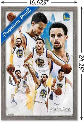 Vista 3 de Trends International NBA Golden State Warriors - Póster de pared de Stephen Curry 16, 14.725 x 22.375 pulgadas, versión enmarcada de madera