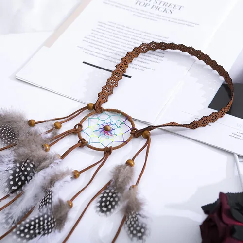 Vista 3 de LUREME Dreamcatcher - Diadema de plumas estilo bohemio con plumas, tocado hippie, diadema bohemia para mujer (Hb00011-5)