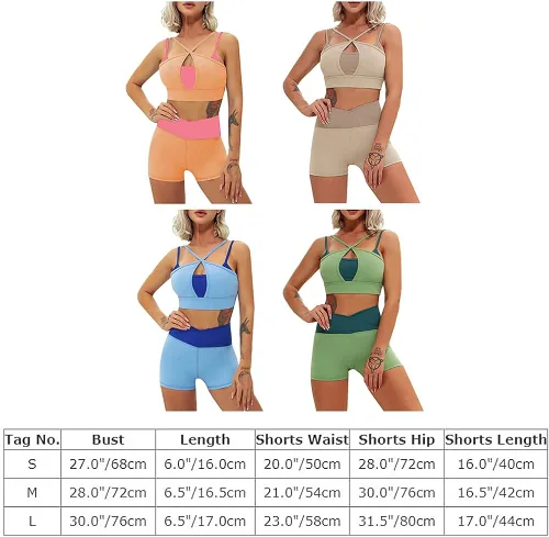 Vista 7 de Conjuntos de entrenamiento para mujer, 2 piezas, brasier deportivo recortado en capas y cintura en V, pantalones cortos para correr, gimnasio, yoga