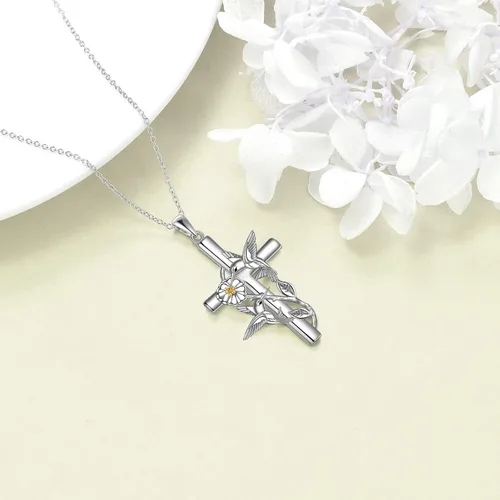 Vista 5 de CRMAD Collar de colibrí/mariquita/libélula para mujer, collar de plata de ley con cruz de colibrí, margarita, regalo