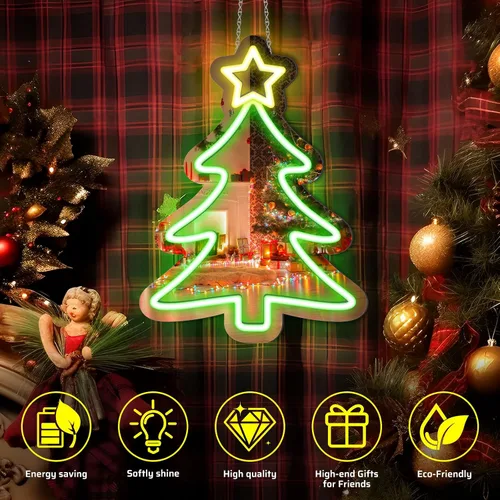 Vista 3 de Espejo de árbol de Navidad de 16 x 12 pulgadas, letrero LED de neón acrílico alimentado por USB, perfecto para decoraciones de vacaciones, fiestas