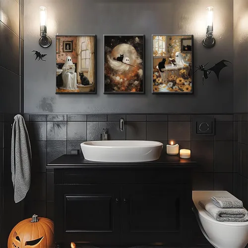 Vista 6 de 3 pósteres de fantasmas de Halloween, arte de pared divertidos de fantasmas y gatos negros, lienzo para decoración de pared, arte de terror gótico