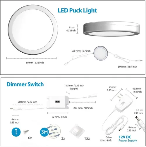 Vista 6 de EShine Luces de disco para debajo del gabinete con sensor de onda manual, luces LED circulares para gabinete, regulables, paquete de 3, blanco