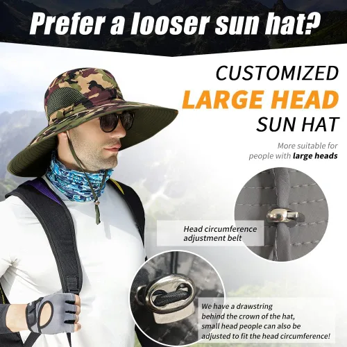 Vista 4 de 【Gran tamaño XXL y ala ancha】 Sombreros de sol para hombre, UPF50+resistente al agua: sombrero de pesca Boonie para senderismo, safari, playa, jardín