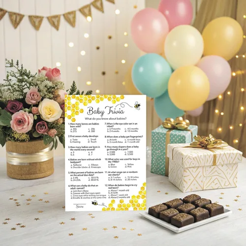Vista 4 de Juego de Baby Shower de abeja – Baby Trivia – Paquete de 25 – Mommy to bee Bumble bee Neutral Amarillo Divertido Baby Datos Juegos de fiesta