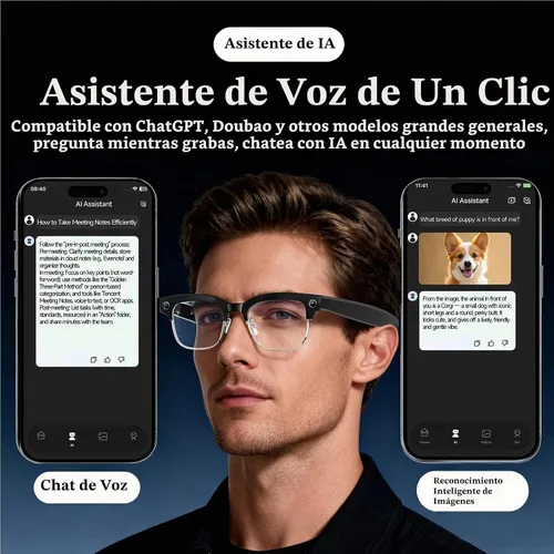 Vista 4 de Lentes inteligentes AI con cámara, lentes de cámara Bluetooth antivibración de 8 MP, grabación de video de 1080P, reducción de ruido de doble