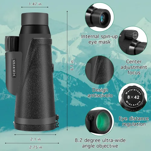 Vista 2 de Telescopio monocular de 8 x 42 – Grado militar, compacto, impermeable y a prueba de niebla, relleno de nitrógeno, óptica FMC con revestimiento