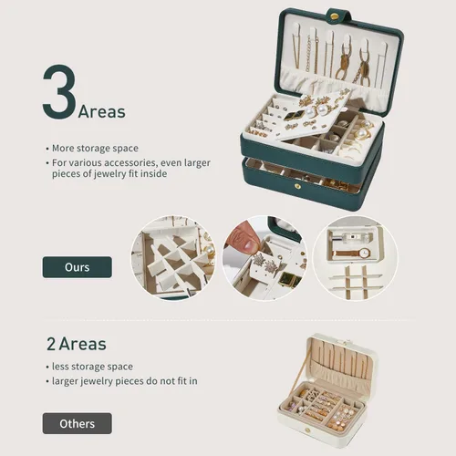 Vista 4 de BUTI4WLD Joyero pequeño, cajas de joyería para mujeres y niñas, caja organizadora de joyas, 2 capas organizador de almacenamiento de joyas de viaje