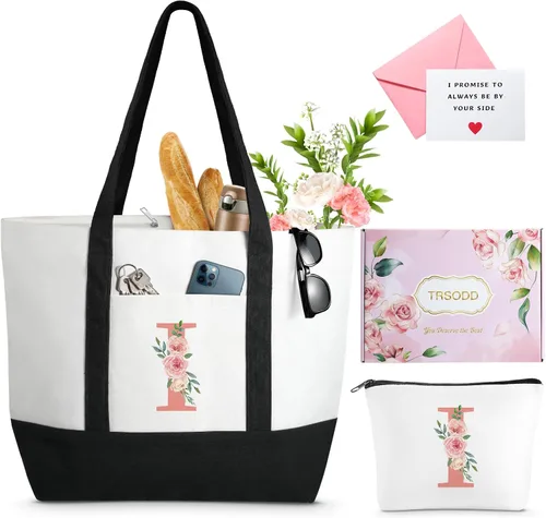 Vista 12 de TRSODD Regalos de cumpleaños para mujer, bolsa de lona con inicial con correa ajustable para el hombro y bolsa de maquillaje, regalos para mamá