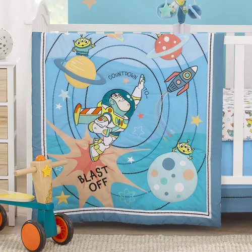 Vista 8 de NoJo Disney Toy Story Buzz Lightyear - Juego de ropa de cama para cuna de 3 piezas, color azul, naranja y amarillo, 100 % algodón
