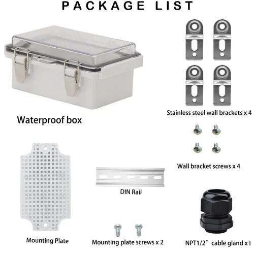 Vista 5 de Caja eléctrica impermeable, caja de conexiones IP67, pestillo de acero inoxidable, cubierta transparente con bisagras, carcasa para proyectos