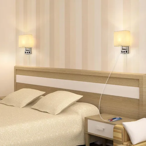 Vista 6 de Juego de dos apliques de pared negros, luces de pared de noche para dormitorio, aplique de pared enchufable con puertos USB y tomas, lámpara