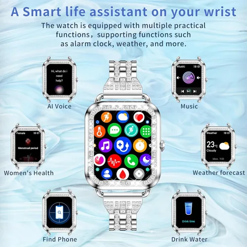 Vista 6 de Reloj inteligente para mujer con diamantes (respuesta/hacer llamadas), reloj inteligente con pantalla táctil HD de 1.29 pulgadas, Android Oro rosado