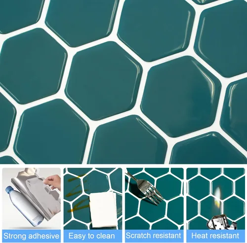 Vista 2 de Azulejos hexagonales para despegar y pegar para cocina, azul oscuro para salpicaduras de cocina, azulejos para salpicaduras de cocina, azulejos