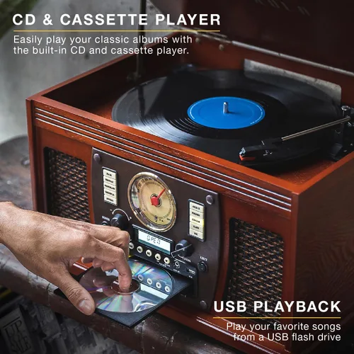 Vista 5 de Victrola Navigator 8 en 1 Reproductor clásico de discos Bluetooth con codificación USB y tocadiscos de 3 velocidades Individual Negro