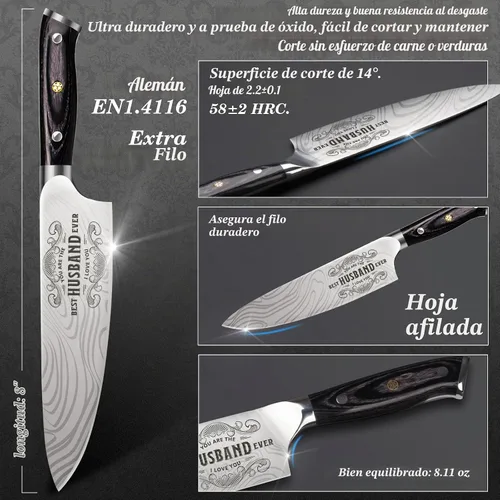 Vista 3 de Regalos para él, marido, hombres, Navidad, aniversario, 8 pulgadas, acero inoxidable alemán profesional 1.4116, cuchillo de chef grabado