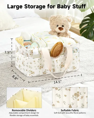 Vista 2 de BuyCard Organizador floral de pañales para bebé, cesta de almacenamiento acolchada grande con asa, regalo para baby shower, regalo para padres