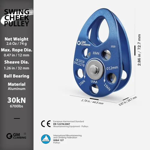Vista 2 de GM CLIMBING Polea micro 30kN CE UIAA de la mejilla del oscilación certificada