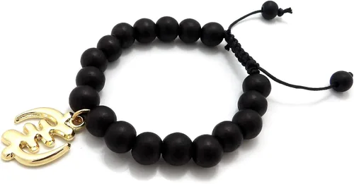 Vista 3 de Abalorio pulido con símbolo Adinkra Gye Nyame con pulsera ajustable de cuentas de madera negra, tono dorado, Madera
