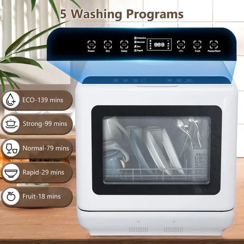 Vista 2 de Lavavajillas portátil para encimera, mini lavavajillas compactos con tanque de agua integrado de 5 L, 5 programas de lavado, función de secado al