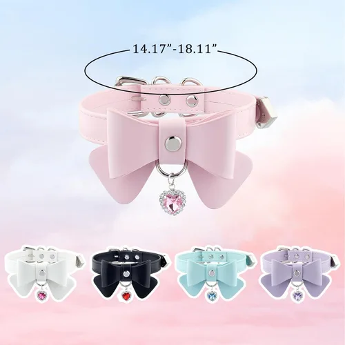 Vista 4 de Gargantilla de cuero para mujer con diamantes de imitación en forma de corazón, collar de lazo de gatito lindo ajustable para niñas