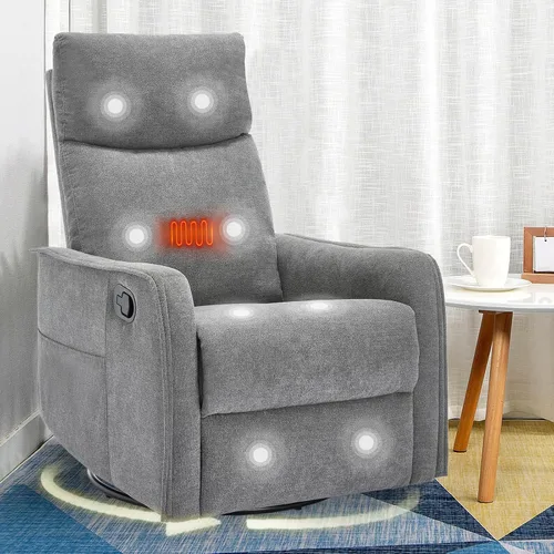 Vista 12 de cinkehome Silla Reclinable Giratoria Mecedora con Masaje Térmico, Sillas Reclinables Mecedoras para Guardería, Espacios Pequeños, Respaldo Alto