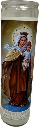 Vista 8 de Virgen del Carmen veladora de rezo sin fragancia 14 oz Vaso Grande UNA pieza Vela de oración de una pieza 14 oz de vidrio alto oración al reverso