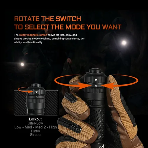 Vista 4 de ACEBEAM T37 EDC Tactical 5 Modos Rotary Magnetic Switch Flashlight, 4000 lúmenes altos 440M linterna de largo alcance, interruptor de cola de dos