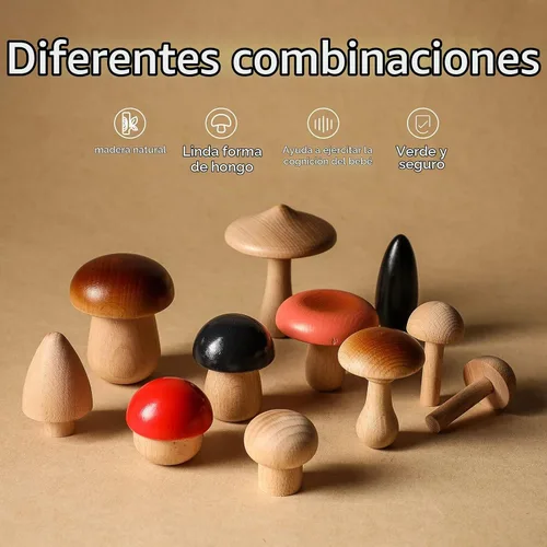 Vista 2 de Juguetes de madera con forma de hongos, bloques de madera Montessori, apilables, juguetes para niños pequeños, 11 piezas, hongos en miniatura 12