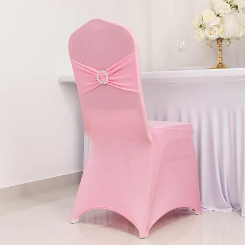 Vista 35 de Efavormart - Funda para silla de banquete de elastano beige con banda de hebilla de diamantes de imitación plateados, funda elástica para silla