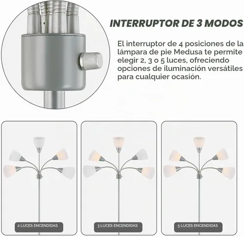 Vista 3 de Medusa - Lámpara de pie de decoración moderna, con múltiples cabezales, ajustable, cuello de cisne, lámpara de luz brillante para leer, tonos