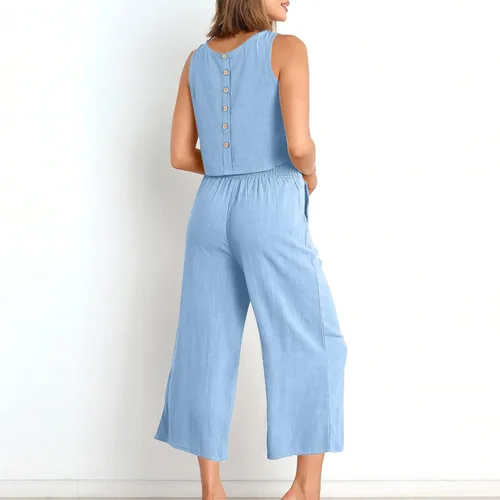 Vista 6 de Conjuntos de algodón y lino para mujer, conjunto de 2 piezas de verano, conjunto de pantalones de pierna ancha, bolsillos a juego, conjunto