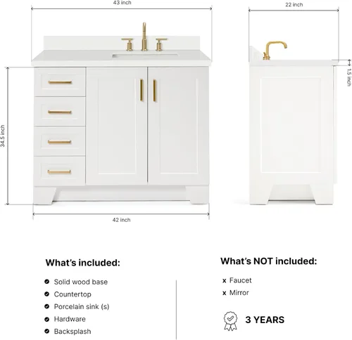 Vista 2 de ARIEL Taylor - Lavabo de baño individual de 43 pulgadas en blanco, parte superior de cuarzo con borde de 1.5 pulgadas, madera maciza, fregadero