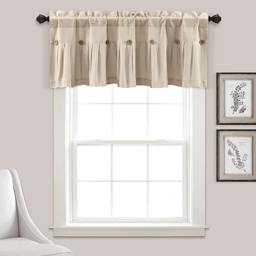 Vista 15 de Lush Decor - Cenefa para cortina con botones de lino estilo granja, 52 pulgadas de ancho x 18 pulgadas de largo, negro y blanco - Valances