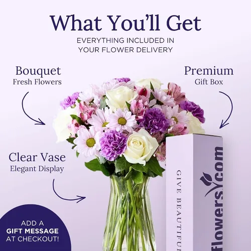 Vista 2 de 1800 Flores – Ramo mixto de lavanda (florero transparente incluido) – Flores frescas para entrega – Regalo para aniversario, cumpleaños